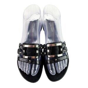 Nine West Women's Black Leather Big Buckle Slide Sandals Dressy Size 6.5M
